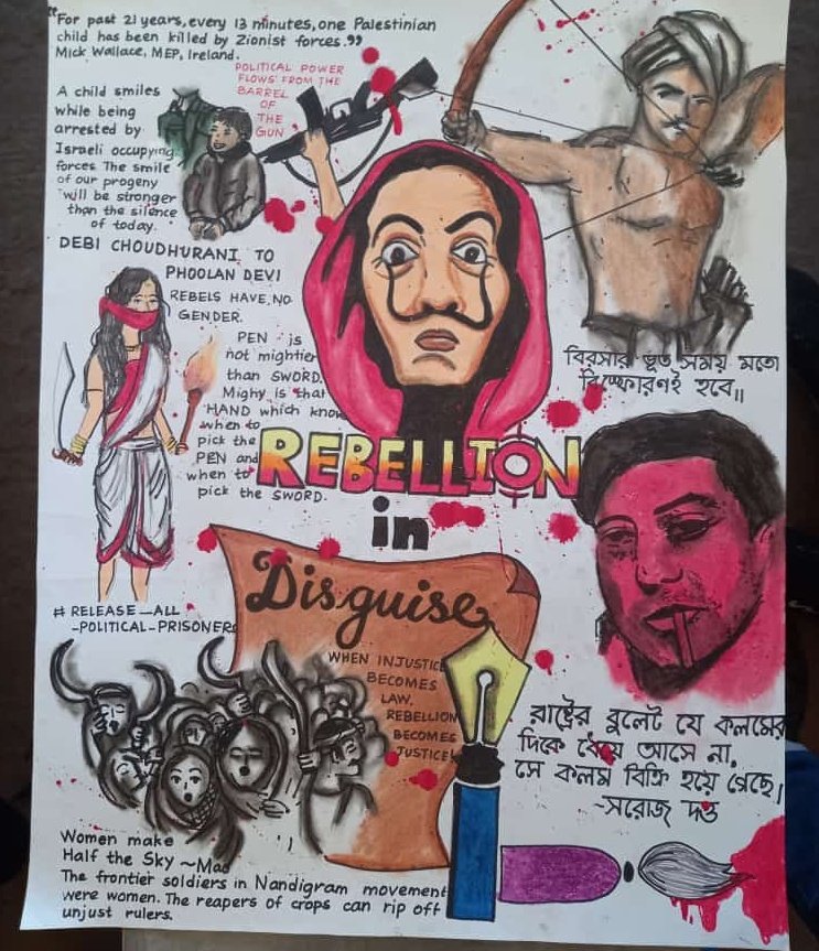 MansarulHoque's tweet photo. What an amazing poster made by @SuhanaNaiya at Jadavapur university Poster making competition. In a single poster she had talked about political prisoners of india, Palestine, Aadivasi struggle,fight of raped victim Phoolon devi, nd revolution. 
@IndranujRay @MuslimSpaces https://t.co/bMOHJKrMiM