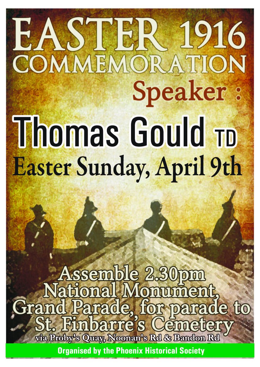 Cork Easter Rising Commemoration 2023! 

🇮🇪 On Easter Sunday, we will gather to commemorate the Rising of 1916 and to remember those patriots from every generation who fought for the freedom of Ireland. Bígí linn!