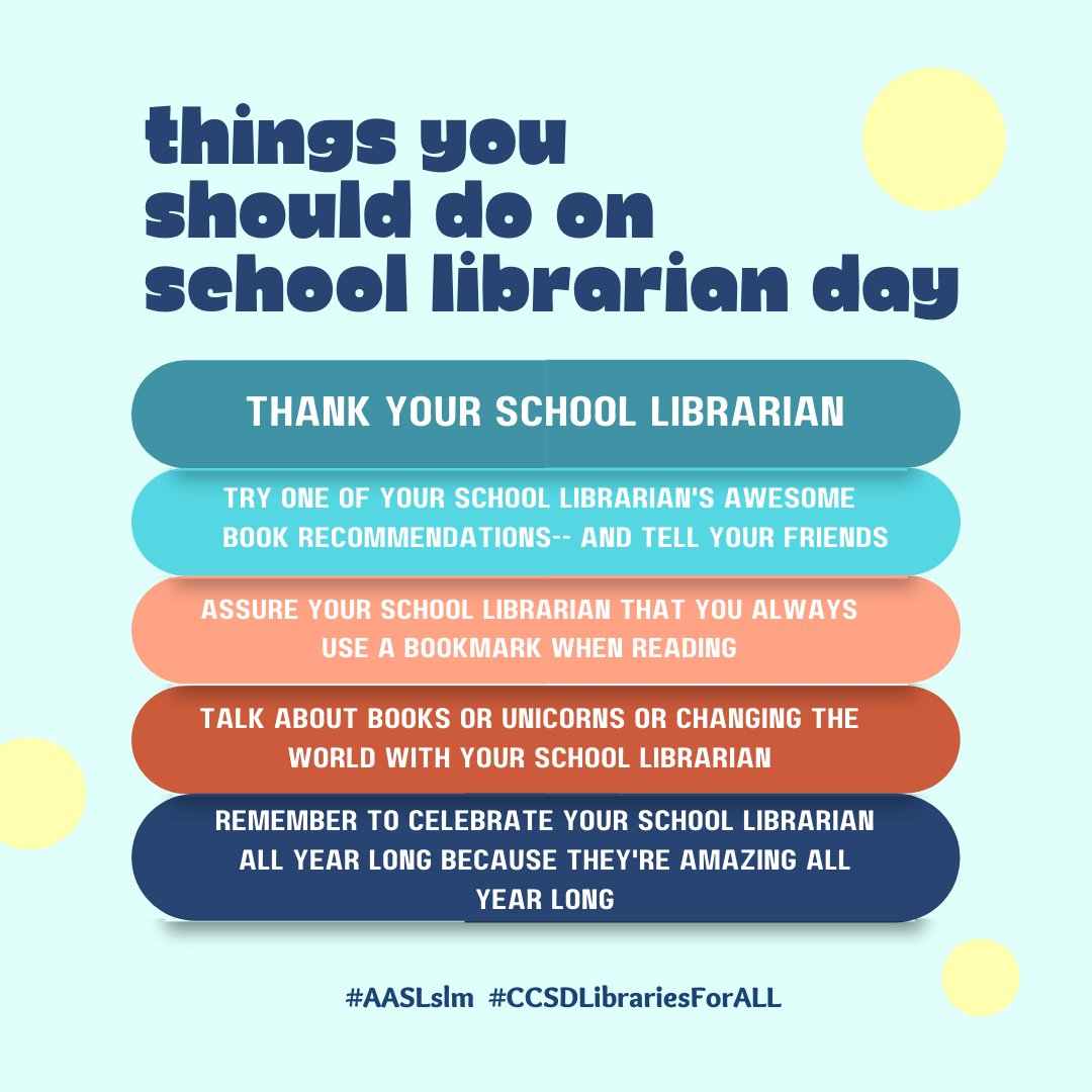 VOCALCCSD's tweet photo. It's School Librarian Day and here's a start for your TO DO list to celebrate them! And, don't forget that April is School Library Month and there's always more to celebrate with librarians and libraries! #AASLslm #CCSDLibrariesForALL https://t.co/W9kWqRIuBP