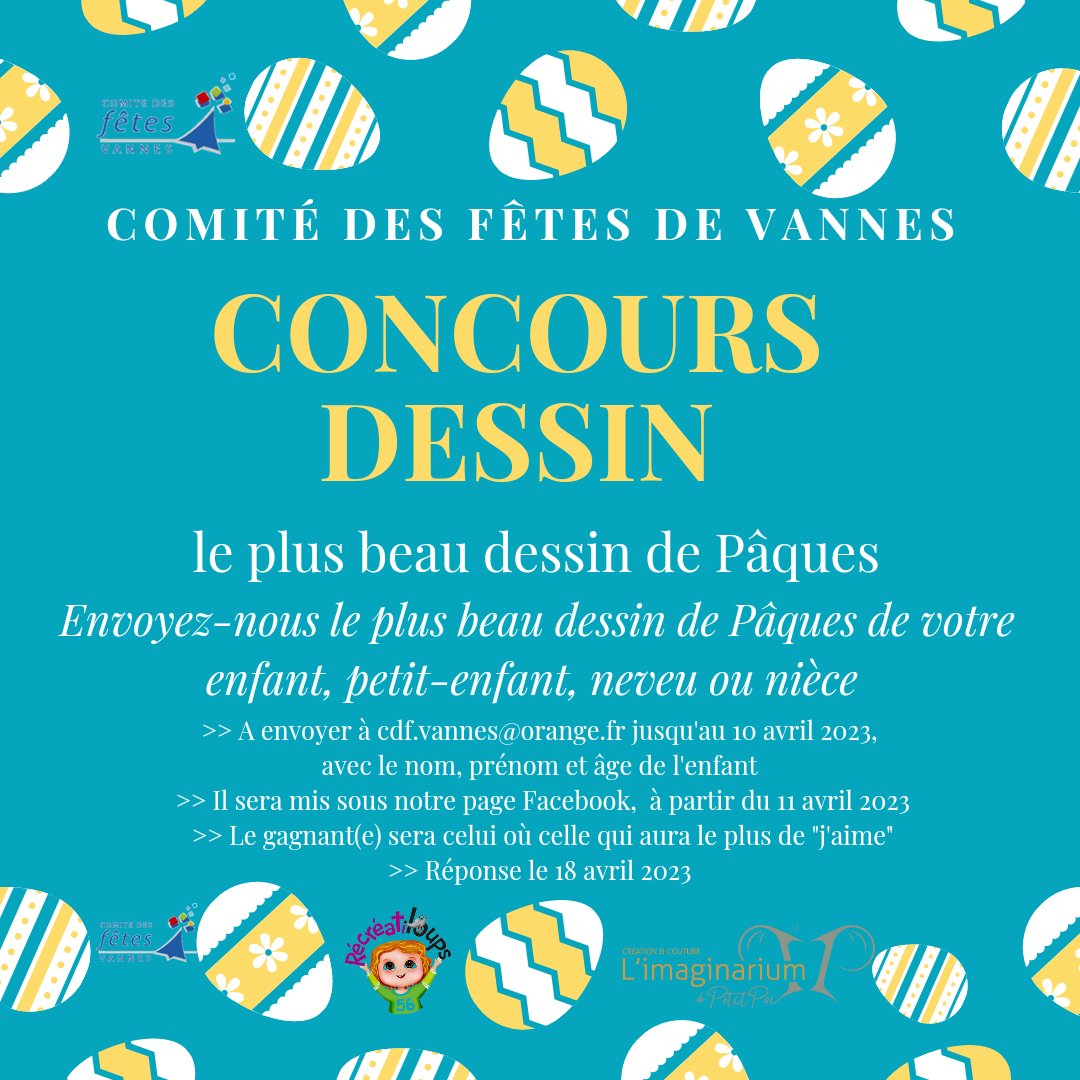 Comité Des Fêtes de Vannes (@comitevannes) on Twitter photo JEU CONCOURS PÂQUES 🐰
Envoyez-nous le plus beau dessin de Pâques de votre enfant, petit-enfant, neveu ou nièce…
Une surprise de Pâques est à gagner avec le Comité des fêtes de Vannes 🍫
Bonne chance !
@ImaginaGwen <a href="/recreatiloups/">Récréatiloups</a> JEU CONCOURS PÂQUES 🐰
Envoyez-nous le plus beau dessin de Pâques de votre enfant, petit-enfant, neveu ou nièce…
Une surprise de Pâques est à gagner avec le Comité des fêtes de Vannes 🍫
Bonne chance !
@ImaginaGwen <a href="/recreatiloups/">Récréatiloups</a>