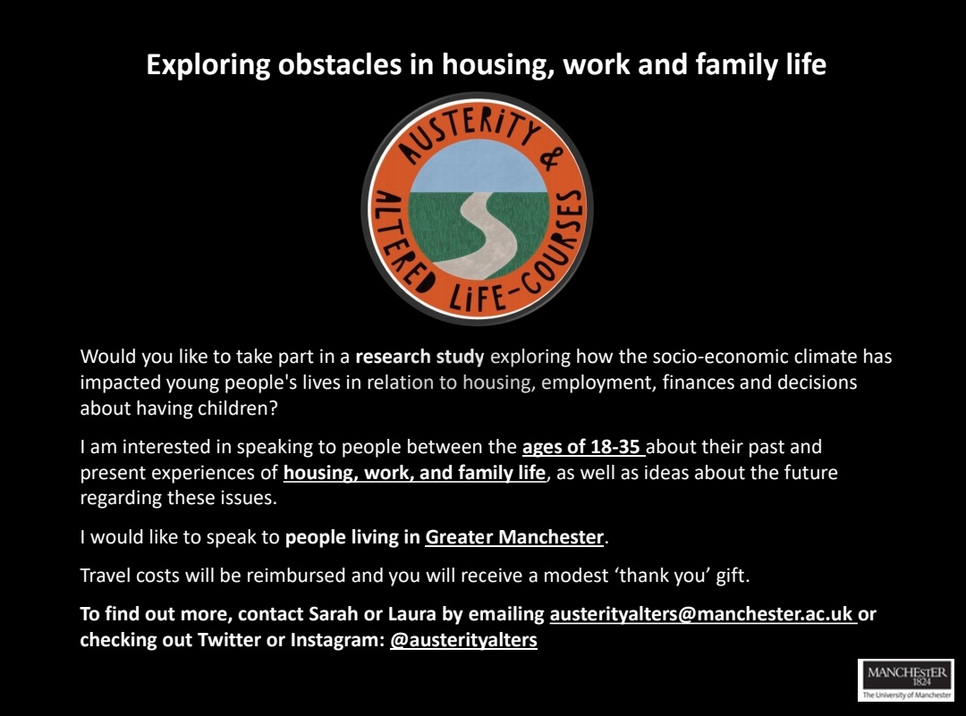 We are still looking for people aged 18-35 to take part in our research! Please contact Laura or Sarah using the info below (or you can DM this account) to find out more. 
Please spread the word across Greater Manchester!