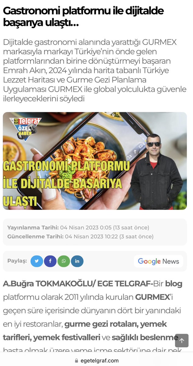 Ege Telgraf gazetesinde <a href="/kesfetsek/">Keşfetsek</a> sordu Emrah Akın yanıtladı. Blog olarak 2011 yılında kurulan GURMEX'in geçen süre içerisinde başarı yolculuğunu konuştuk. Röportaj bugün Ege Telgraf gazetesinde ve web'de; Ege Telgraf İzmir ve tüm Ege'de!
egetelgraf.com/haberler/seyah…

#izmir #gurmex