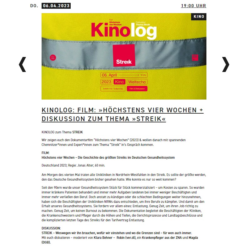 Drop-Out Cinema (@dropout_cinema) on Twitter photo Unsere Doku "Höchstens vier Wochen" zum großen Krankenhaus-Streik in NRW: Am Do. im <a href="/weltecho/">Weltecho</a> in #Chemnitz.
<a href="/ohTommy6/">Bewegungsgaertner</a> @jmgp_de @FCK_DRG <a href="/RicardoLange4/">Ricardo Lange</a> <a href="/antifa_nurse/">antifa_nurse 🍉 😷#AZGatheBleibt🏴 #FreeAllAntifas</a> <a href="/BerlinerKHB/">Berliner Krankenhausbewegung</a> <a href="/ohneProfite/">Bündnis Gesundheit ohne Profite Halle</a> @BunteKittel <a href="/DocCaro1/">Doc Caro</a> <a href="/notruf_NRW/">ver.di Unikliniken NRW</a> <a href="/KHstattFabrik/">Krankenhaus statt Fabrik</a> <a href="/Poliklinik_Syn/">Poliklinik Syndikat</a> <a href="/demokrat_aerzte/">Verein demokratischer Ärzt*innen (vdää*)</a> Unsere Doku "Höchstens vier Wochen" zum großen Krankenhaus-Streik in NRW: Am Do. im <a href="/weltecho/">Weltecho</a> in #Chemnitz.
<a href="/ohTommy6/">Bewegungsgaertner</a> @jmgp_de @FCK_DRG <a href="/RicardoLange4/">Ricardo Lange</a> <a href="/antifa_nurse/">antifa_nurse 🍉 😷#AZGatheBleibt🏴 #FreeAllAntifas</a> <a href="/BerlinerKHB/">Berliner Krankenhausbewegung</a> <a href="/ohneProfite/">Bündnis Gesundheit ohne Profite Halle</a> @BunteKittel <a href="/DocCaro1/">Doc Caro</a> <a href="/notruf_NRW/">ver.di Unikliniken NRW</a> <a href="/KHstattFabrik/">Krankenhaus statt Fabrik</a> <a href="/Poliklinik_Syn/">Poliklinik Syndikat</a> <a href="/demokrat_aerzte/">Verein demokratischer Ärzt*innen (vdää*)</a>