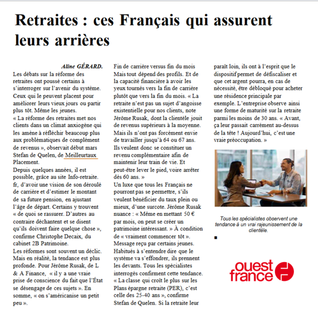 📰 « Retraites : ces Français qui assurent leurs arrières »
<a href="/StefandeQuelen/">Stefan de Quelen</a> , directeur général de <a href="/Meilleurtaux_pl/">Meilleurtaux Placement</a> , apporte son expertise dans <a href="/OuestFrance/">Ouest-France</a> 👇