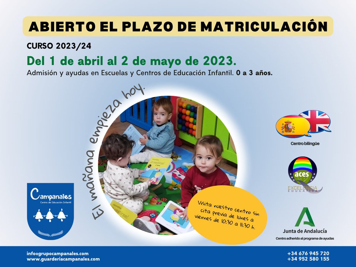 CEICampanales's tweet photo. Si buscas escuela infantil para el curso 2023/24, somos tu centro en Las Lagunas, Mijas Costa. https://t.co/d3KenQWeq9