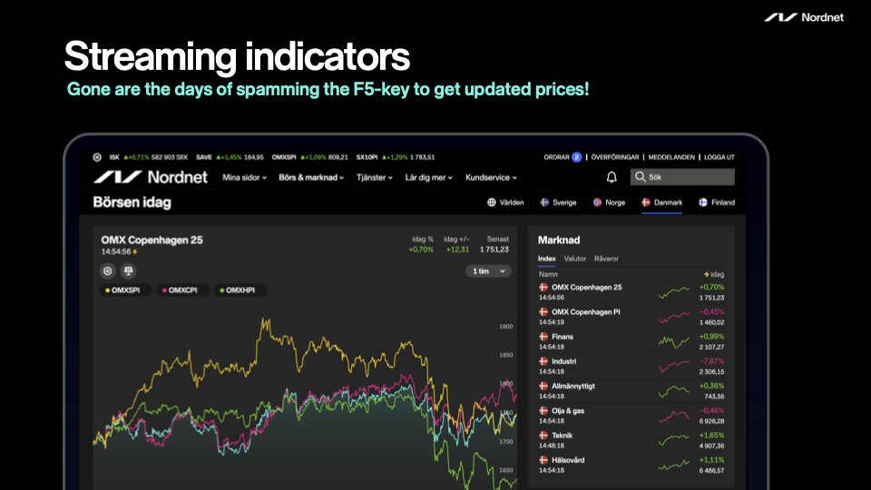 RJarborg's tweet photo. Tired of mashing that F5 button? Nordnet is starting its streaming journey with cloud-powered streaming prices on indices, commodities and currencies on Market Overview and indicator pages.
Phased roll-out to 50%. Should push to 100% within two weeks.
#alwaysbeshipping #cloud https://t.co/2blZcSjUnV