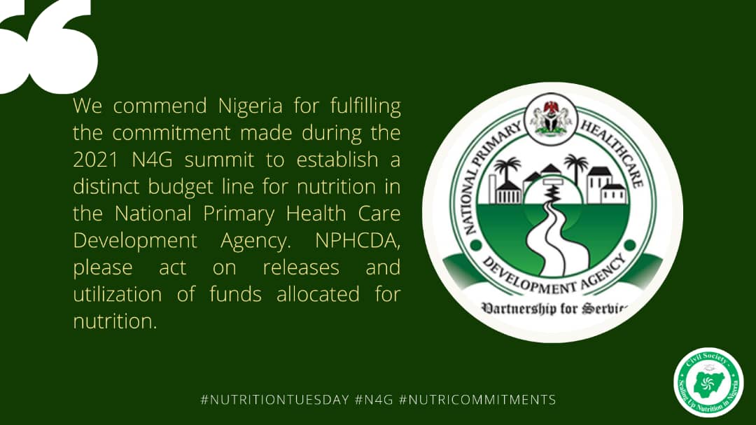 We commend the <a href="/NigeriaGov/">Government of Nigeria</a> for fulfilling the commitment made during the 2021 #N4G summit to establish a distinct budget line for nutrition within the budget in the <a href="/NphcdaNG/">NPHCDA</a>. <a href="/followlasg/">The Lagos State Govt</a> <a href="/officialCPS_Lag/">ForAGreaterLagos</a> <a href="/CS_SUNN/">SUN CSA-Nigeria</a>