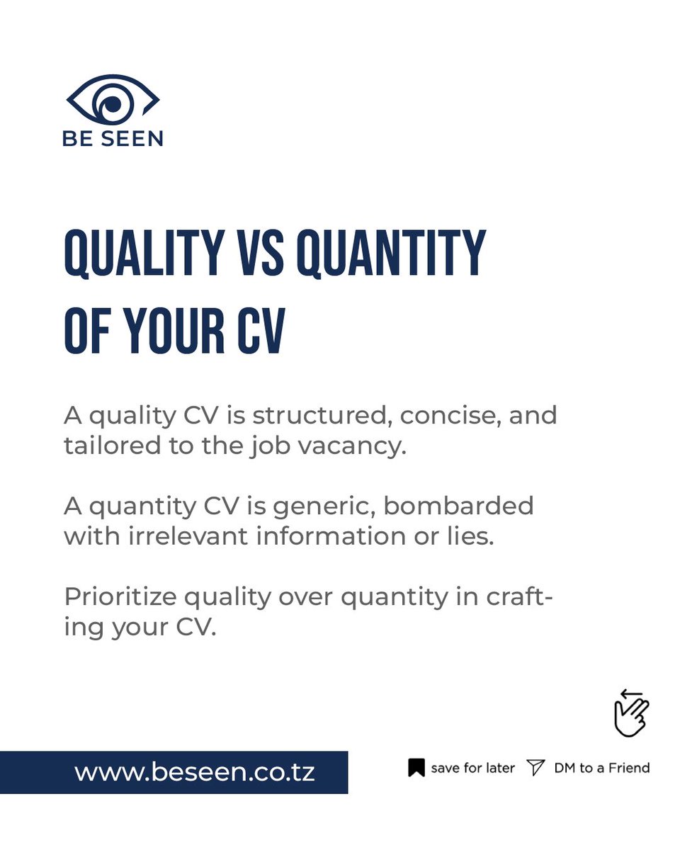 BeSeentz's tweet photo. The old saying 'Quality over Quantity' is tried and tested and should be applied meticulously when applied to your CV and your job search career.

#BeSeen #Yourresumemaker https://t.co/n49cWFatd4