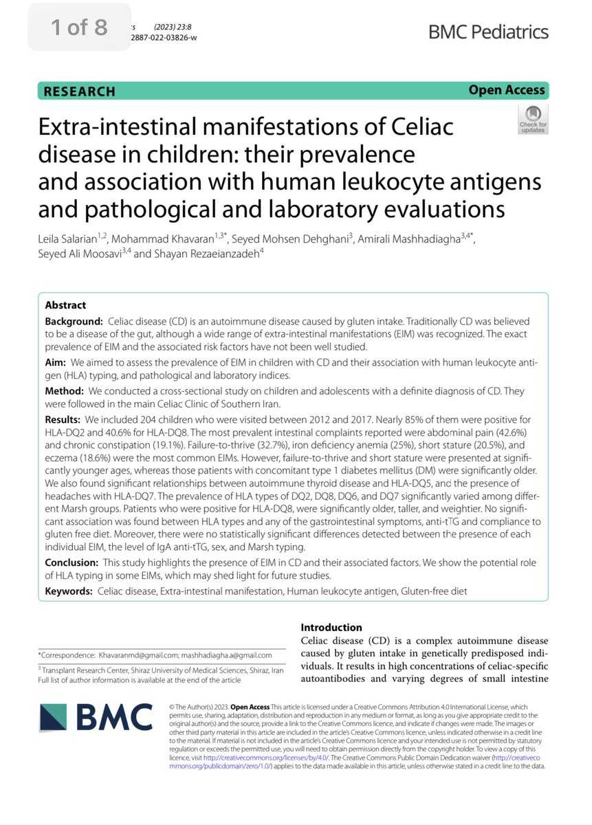 Excited to share that my latest article, "Extra-intestinal manifestations of Celiac disease in children: their prevalence and association with human leukocyte antigens and pathological and laboratory evaluations," has just been published!

link.springer.com/content/pdf/10…