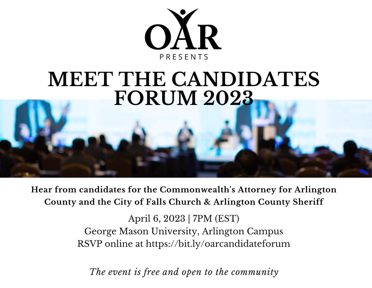 OARjustice's tweet photo. Join us on April 6th at 7 pm for an informative and engaging evening as OAR of Arlington, Alexandria, and Falls Church hosts a candidate forum for local races that involve the criminal legal system. https://t.co/t5Q9tXbelZ.

#oarjustice #communityevent https://t.co/0KebsORjgg