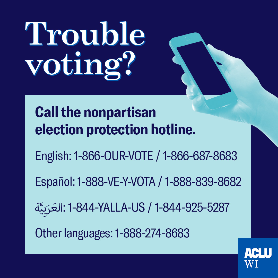 Call or text 866-OUR-VOTE (866-687-8683) to get voting help now. Trained, non-partisan #ElectionProtection volunteers are on standby ready to help.

You can also connect with @EPWisco on social media and reach out that way.