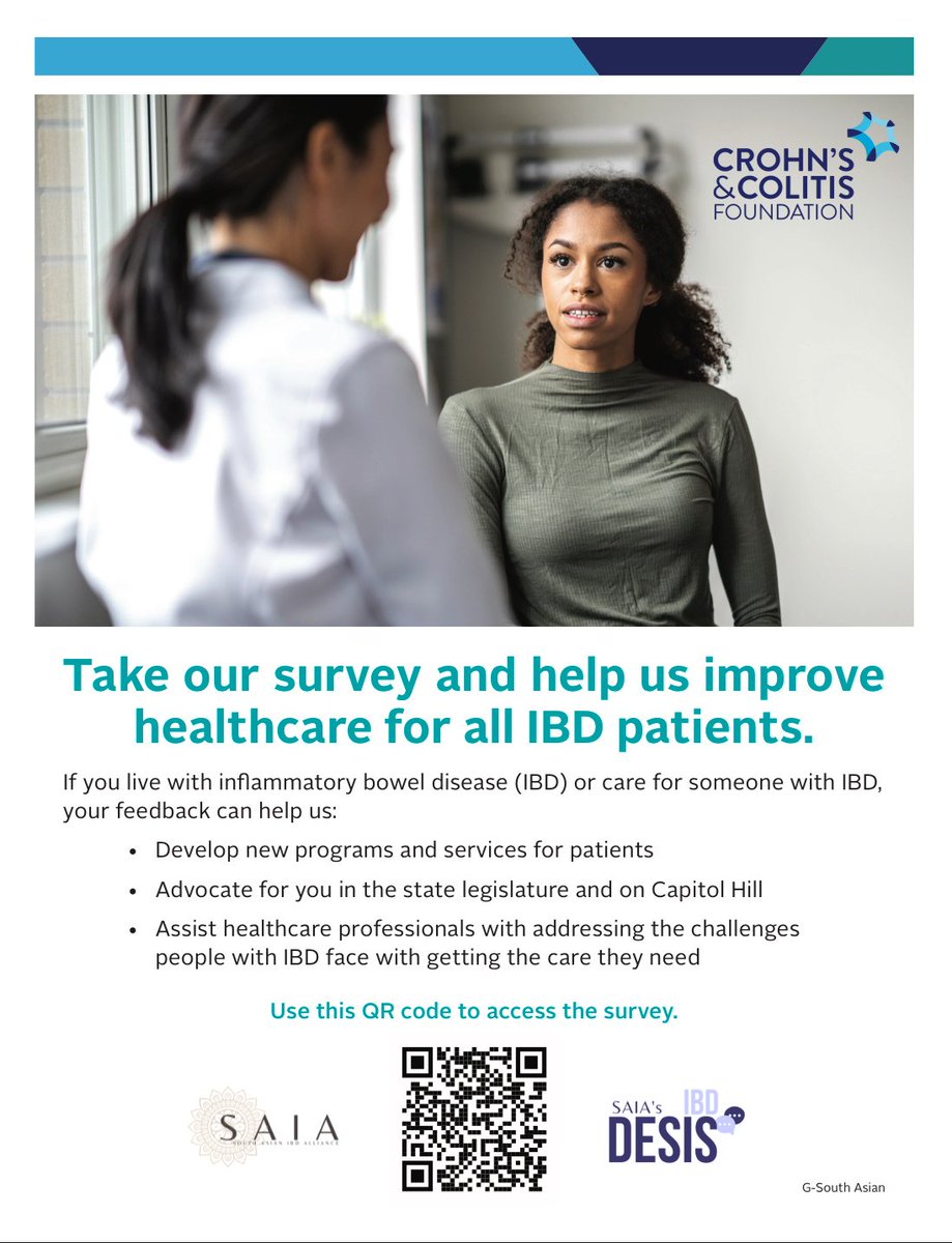 SAIA (@saia_ibd) on Twitter photo We at SAIA/IBDesis have partnered w/ <a href="/CrohnsColitisFn/">Crohn's & Colitis Foundation</a> to conduct a survey to understand experiences of #IBD patients & #caregivers in the U.S. w/ accessing healthcare for #Crohns or #ulcerativecolitis.
Click the QR code or link below to participate! surveymonkey.com/r/AccessIBDCar… We at SAIA/IBDesis have partnered w/ <a href="/CrohnsColitisFn/">Crohn's & Colitis Foundation</a> to conduct a survey to understand experiences of #IBD patients & #caregivers in the U.S. w/ accessing healthcare for #Crohns or #ulcerativecolitis.
Click the QR code or link below to participate! surveymonkey.com/r/AccessIBDCar…