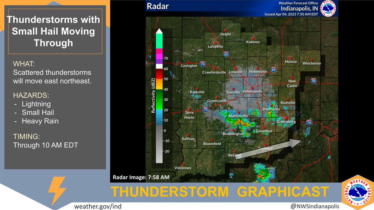 NWSIndianapolis's tweet photo. Scattered thunderstorms will continue to move east northeast across central #inwx this morning. Storms will be capable of producing small hail and brief heavy rain along with lightning. https://t.co/8Vqwrj1q3W