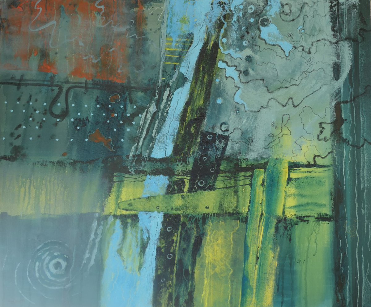 "Door, Yorkshire Dales" Acrylic and mixed media. Along the Dales Way there are many old buildings with interesting weathered doors. From charcoal sketches this abstract composition evolved to represent features of an old door. #acrylicpainting #landscape #buyartfromartists