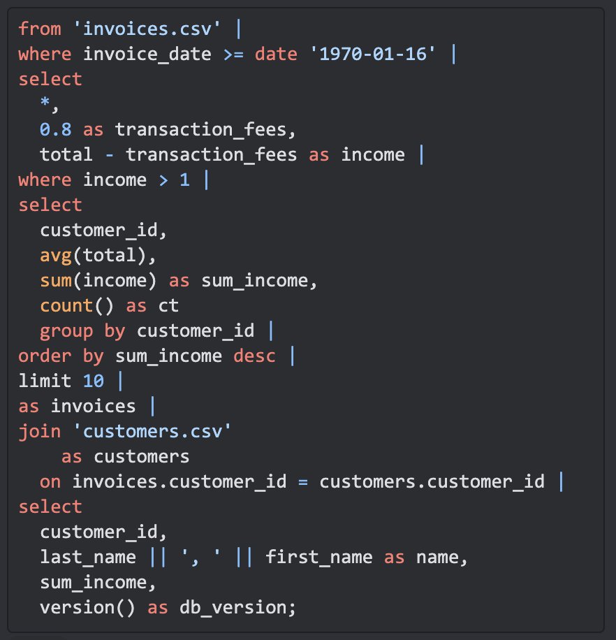 I've experimented with a pipe syntax in #DuckDB SQL to simplify data exploration. Give it a try: github.com/ywelsch/duckdb…