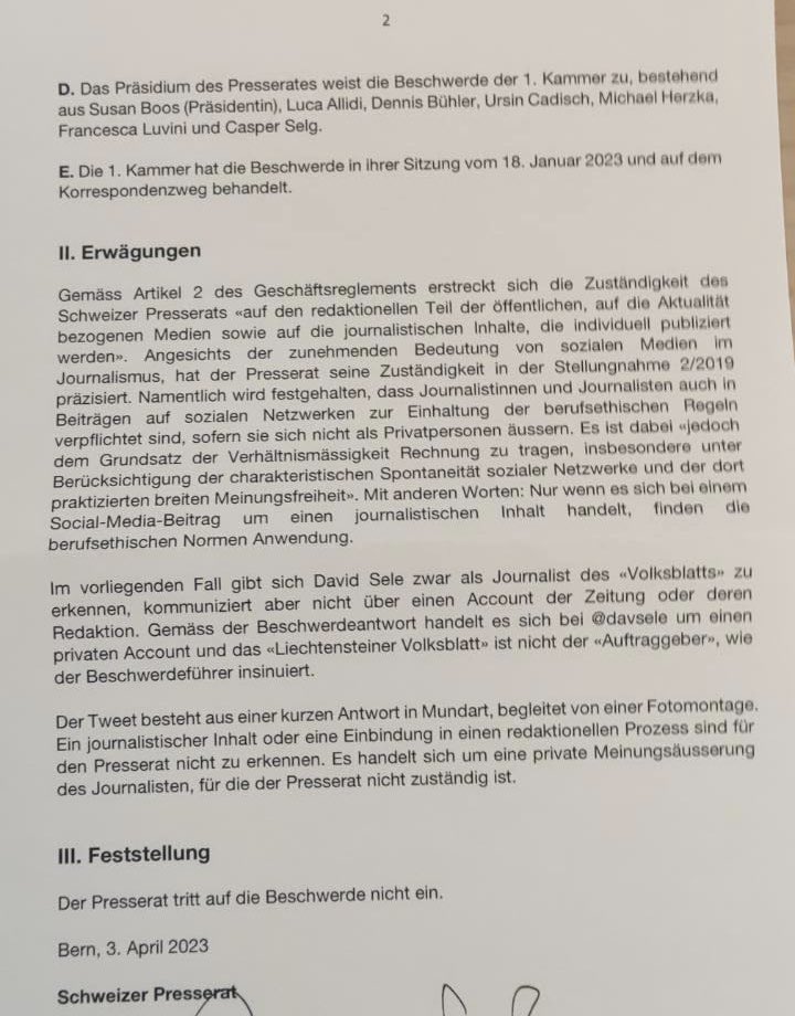 David Sele 🇱🇮🤔 (@davsele) on Twitter photo So kurios und absurd der Inhalt dieser Beschwerde war, so kurz und nüchtern das Urteil (wie erwartet): Der @PresseratCH ist nicht zuständig für Twitter-Ironie, die die <a href="/mim_partei/">MiM-Partei</a> nicht kapiert. @politikwoesser <a href="/Volksblatt/">Volksblatt.li</a> So kurios und absurd der Inhalt dieser Beschwerde war, so kurz und nüchtern das Urteil (wie erwartet): Der @PresseratCH ist nicht zuständig für Twitter-Ironie, die die <a href="/mim_partei/">MiM-Partei</a> nicht kapiert. @politikwoesser <a href="/Volksblatt/">Volksblatt.li</a>