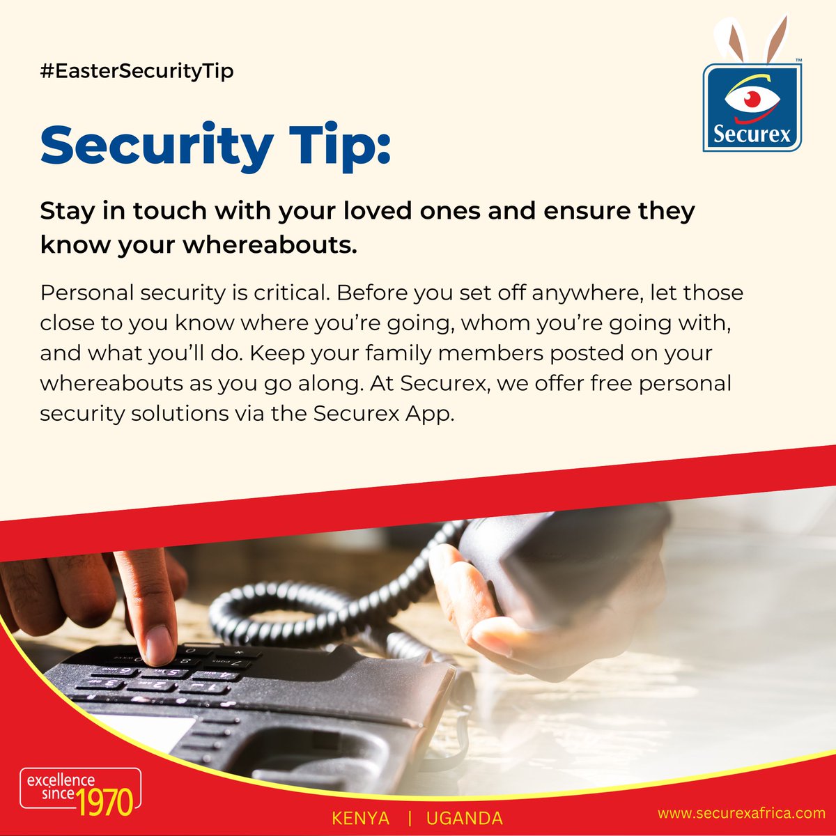 SecurexEA's tweet photo. #EasterSecurityTip:
While you're enjoying the holiday festivities, don't forget to stay in touch with your loved ones and ensure they know your whereabouts.
#SafetyFirst #SecureWithSecurex #PeaceofMind #SaferWithSecurex #Easter2023 #SecurexApp https://t.co/lZ7k5vBohm