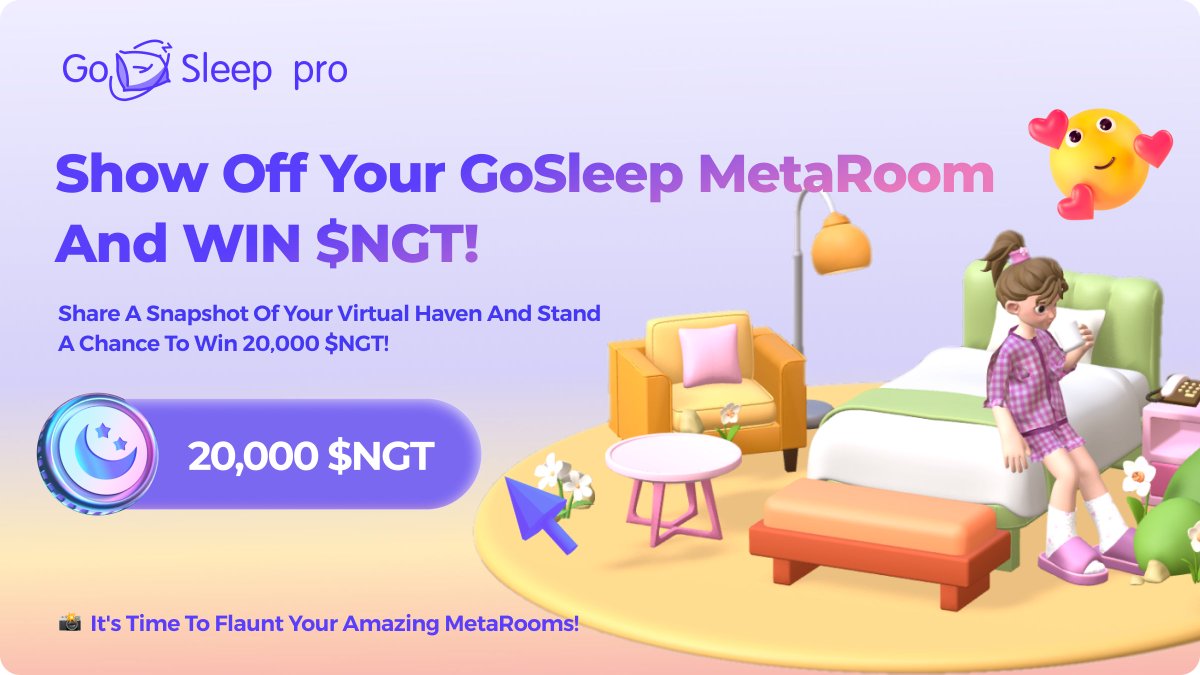 gosleep01's tweet photo. 🎊🏠 Show off your Gosleep MetaRoom and WIN $NGT! 🏠🎊

🎉 Share your stylish MetaRooms and win big! 🎉

🔹 Snap a pic of your unique GoSleep MetaRoom 📸 🔹 Share it on Twitter using #gosleep 
🔹 Tag 3 friends to join the fun

🏆 10 lucky winners will receive 2000 $NGT each! 🤑

🚀 Ready, set, decorate! Let's see your creativity shine! 🌈

#gosleep #MetaRoom #Contest #WinNGT #arbitrum