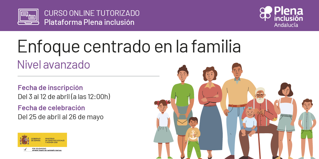 🍀 FORMACIÓN |
➡ Curso online tutorizado: Enfoque Centrado en la Familia, nivel 2
📅 Inscripciones hasta el 12 de abril
Pincha en el enlace para más información 👇plenainclusionandalucia.org/www2/content/c…