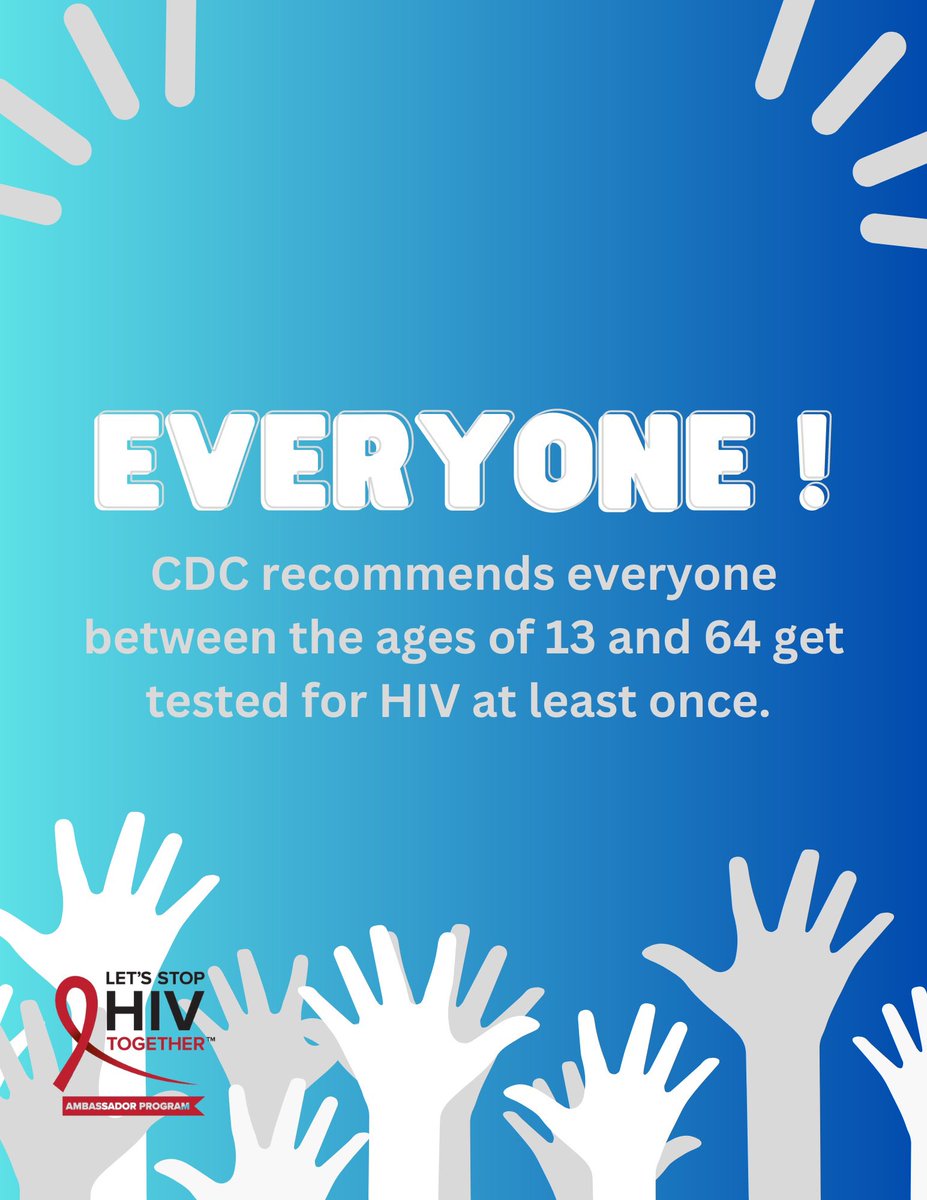 CDC recommends EVERYONE aged 13-64 get tested for HIV at least once as part of routine health care. Encouraging young people to know their status gives them the information they need to stay healthy. Promote HIV testing this #NYHAAD: bit.ly/3ZxdGoL. #StopHIVTogether