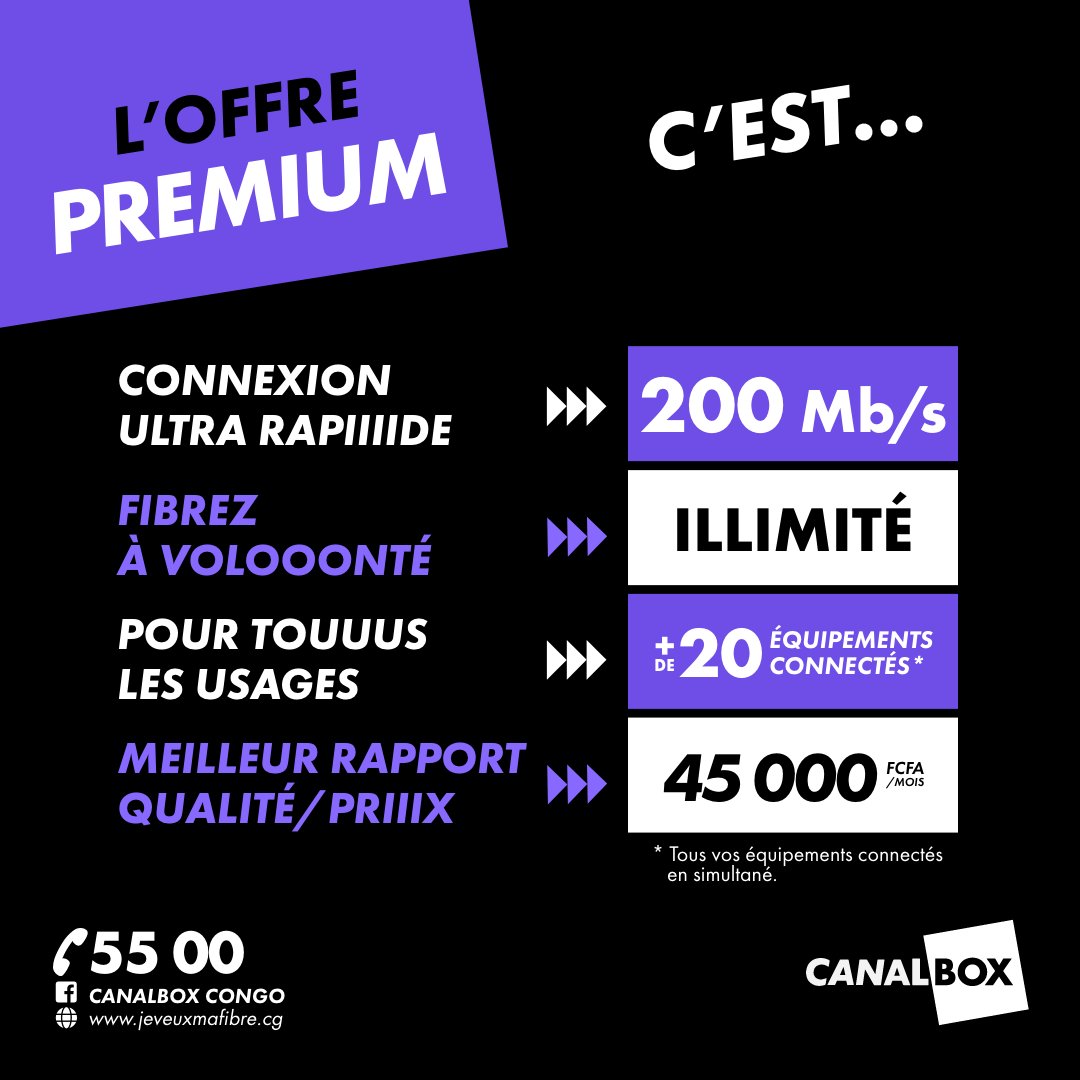 canalboxcongo's tweet photo. FIBREZ avec Canalbox #PREMIUM c’est :
✅une connexion ultra rapide ;
✅une fibre pour toute la famille et tous vos usages ;
✅un meilleur rapport qualité / prix !!!
☎️ +d'infos au 5️⃣5️⃣0️⃣0️⃣ ou 0️⃣6️⃣ 7️⃣0️⃣4️⃣ 5️⃣5️⃣ 5️⃣5️⃣
#OffrePremium #Prenezlemondedevitesse
https://t.co/HDscSnpzju https://t.co/05UshnWiXT