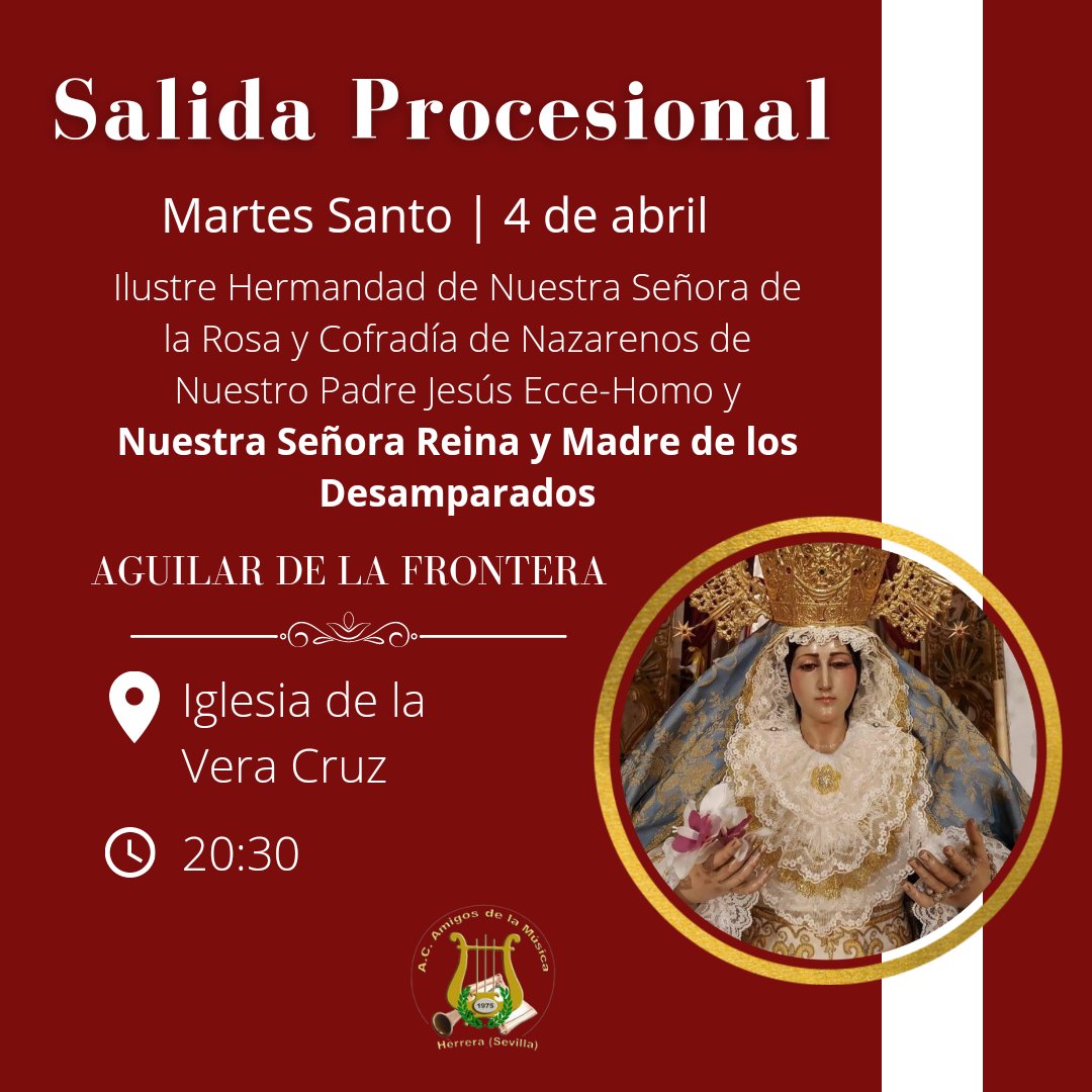 🥁| En esta tarde-noche de Martes Santo nos trasladamos a Aguilar de la Frontera para acompañar a Ntra. Señora de los Desamparados por las calles de su pueblo.

#suenabamhe #herrera #sevilla #aguilardelafrontera #martessanto #semanasanta #marchasdeprocesión
