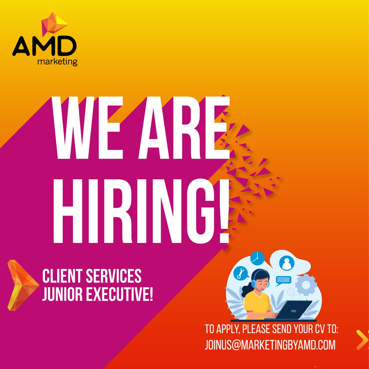 MarketingbyAMD's tweet photo. Looking to pursue a #career in #Marketing?
Then AMD's Junior #ClientServicing Executive #jobopportunity is a great place to start.

You will have exposure to #AllThingsMarketing, including #StrategicMarketing, #Branding, #Advertising, #DigitalMarketing, and #SocialMediaMarketing. https://t.co/Wes0wpdulv