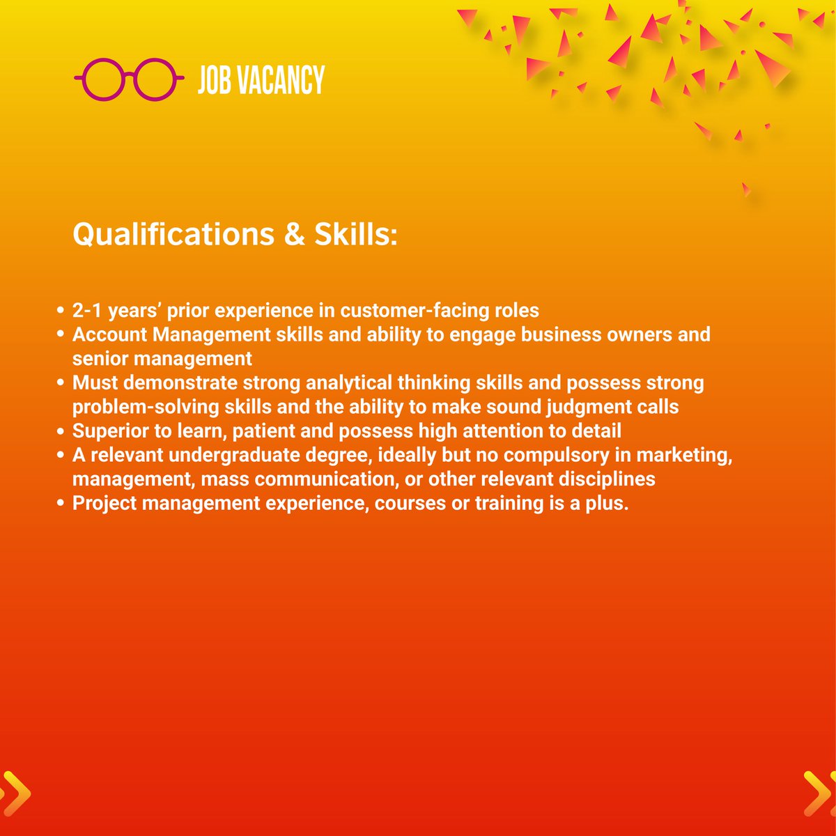 MarketingbyAMD's tweet photo. Looking to pursue a #career in #Marketing?
Then AMD's Junior #ClientServicing Executive #jobopportunity is a great place to start.

You will have exposure to #AllThingsMarketing, including #StrategicMarketing, #Branding, #Advertising, #DigitalMarketing, and #SocialMediaMarketing. https://t.co/Wes0wpdulv