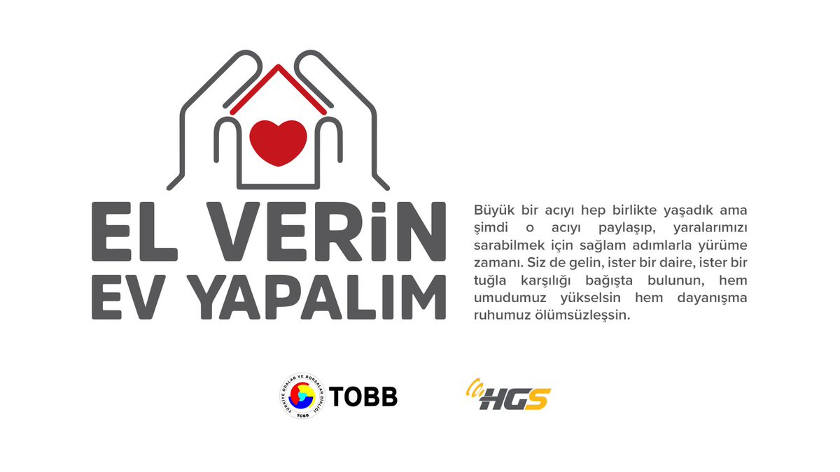 TOBB öncülüğündeki 'El Verin, Ev Yapalım' kampanyası sayesinde büyük afetten etkilenen vatandaşlarımızın hayatlarını sizin de destekleriniz ile yeniden kuruyoruz. Bir aileyi daha hayata bağlamak için bir tuğla da siz koyun. Bağışta bulunmak ya da daha fazla bilgi almak için:…