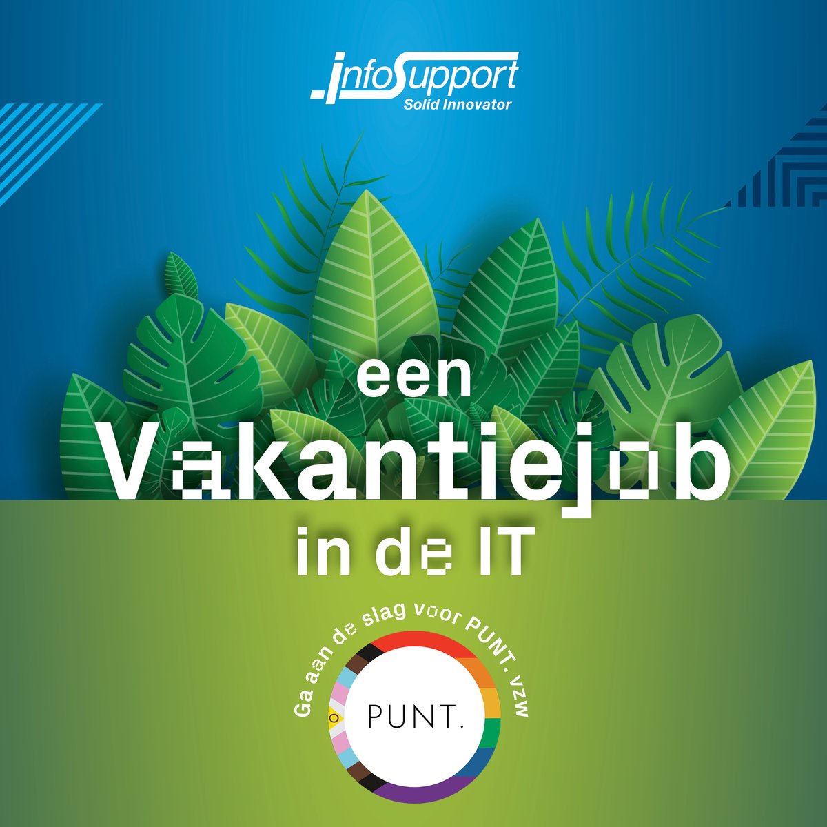 Ieder jaar biedt Info Support een organisatie de mogelijkheid om kosteloos gebruik te maken van onze kennis en expertise. In 2023 gaan we aan de slag voor PUNT. vzw.

Ben je IT-student en wil je deze zomer meewerken aan dit project in België? 
Solliciteer: infosupport.it/3SKgagY