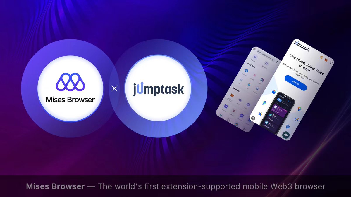 Mises001's tweet photo. Mises Browser @Mises001 and @JumpTask_app have built a partnership.      

Mises Browser now includes JumpTask and recommends it in the #Airdrops area, providing quick access to its dApp and adding it to the Mises security whitelist to protect users from phishing sites. https://t.co/WOulswWsp2