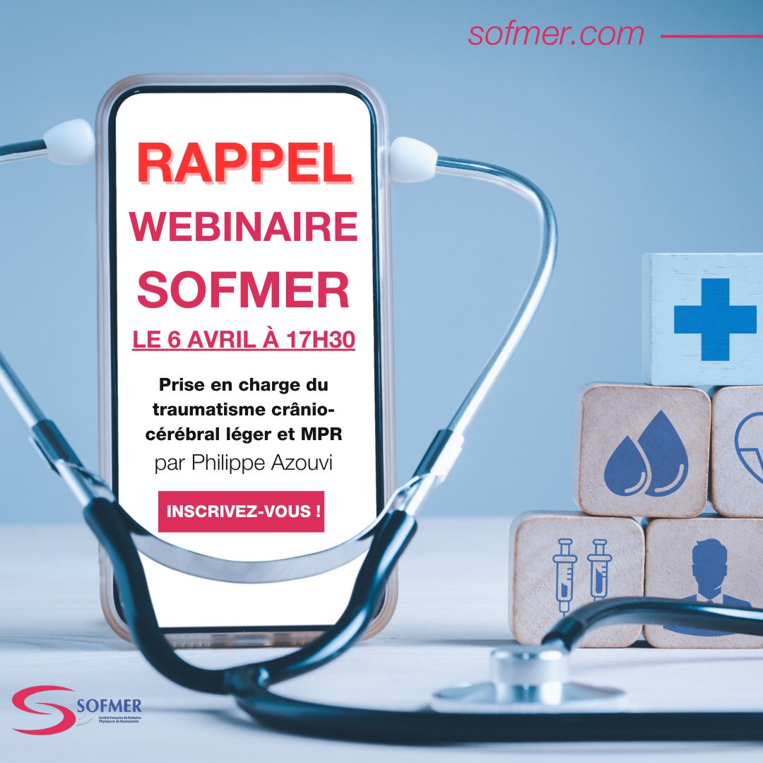 🚨DERNIER RAPPEL !! 🚨 💻
INSCRIPTION au 18ème webinaire SOFMER
Ce jeudi 6 avril 2023 a 17h30. Vous pouvez toujours vous inscrire depuis le lien en bio ! 

« Prise en charge du traumatisme crânio-cérébral léger : place de la MPR »

🗓 Jeudi 06/04/2023 - 17h30 à 18h30