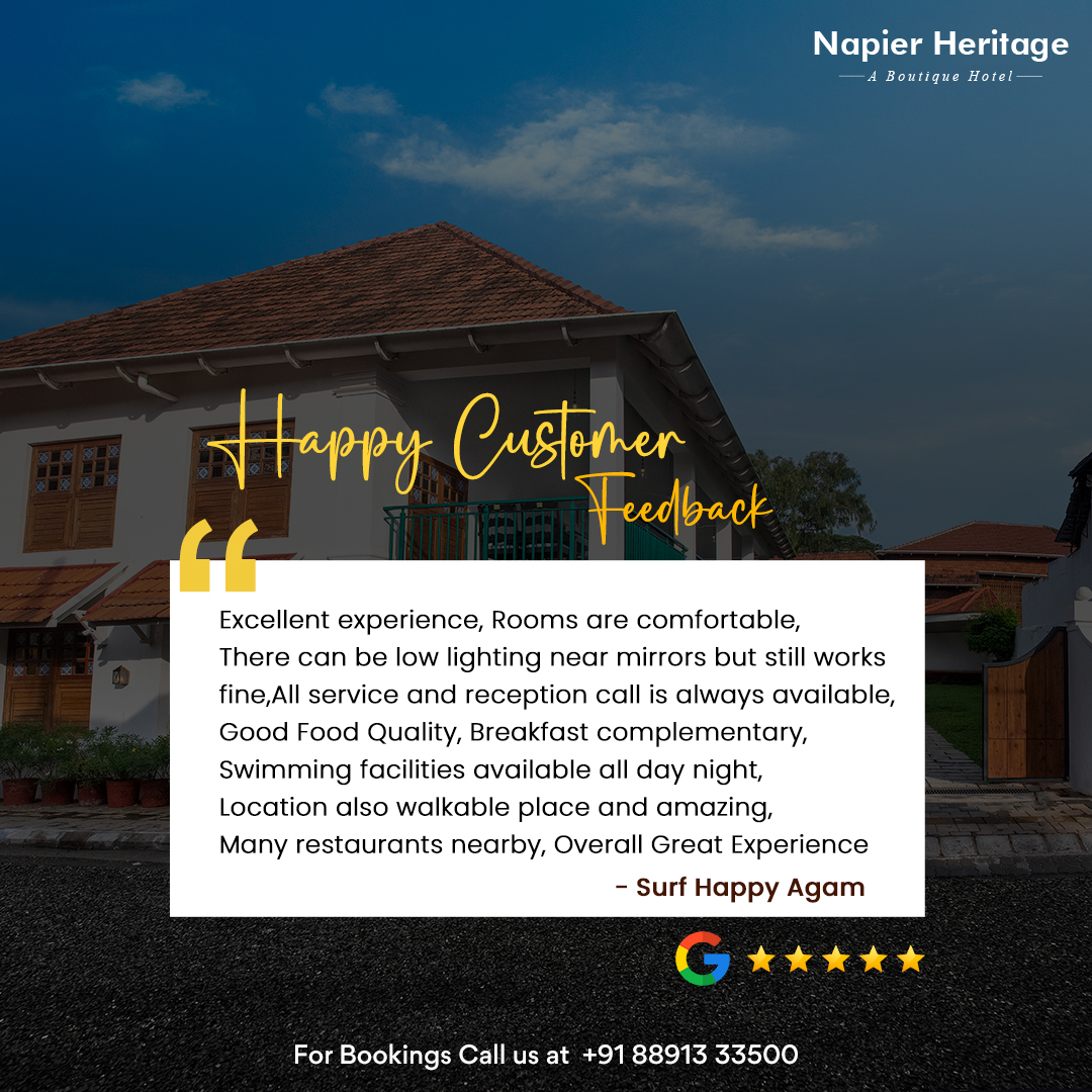 Napierheritage's tweet image. "Thank you for sharing your great experience with us! 

For bookings call us at +91 8891333500

#Napier #ReviewVideo #TravelInspiration #Culture #Art #History #HiddenGems #MustVisit #TravelBuddy #PlanYourTrip #luxurytravel #hospitality #napierheritage #travelgram #getaway