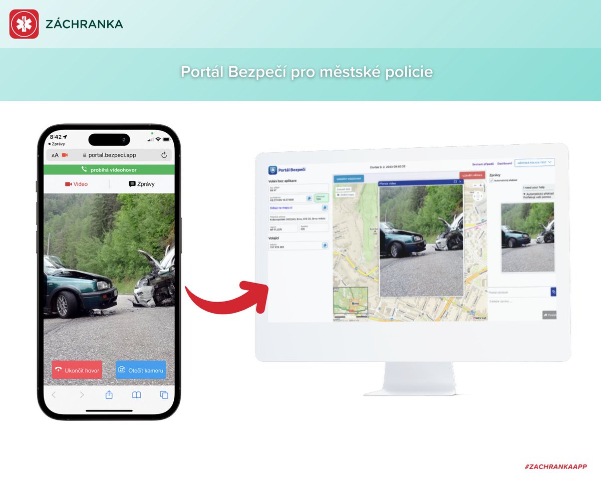 Z "dílny" aplikace Záchranka 👉 Portál Bezpečí, který byl vytvořen pro městské policie. Strážníci mohou s volajícím na linku 156 navázat chat, videohovor nebo přijímat fotografie. 
Aktuálně funguje v Brně, Plzni, Karlových Varech a Zlíně.
👉Více info na bezpeci.app