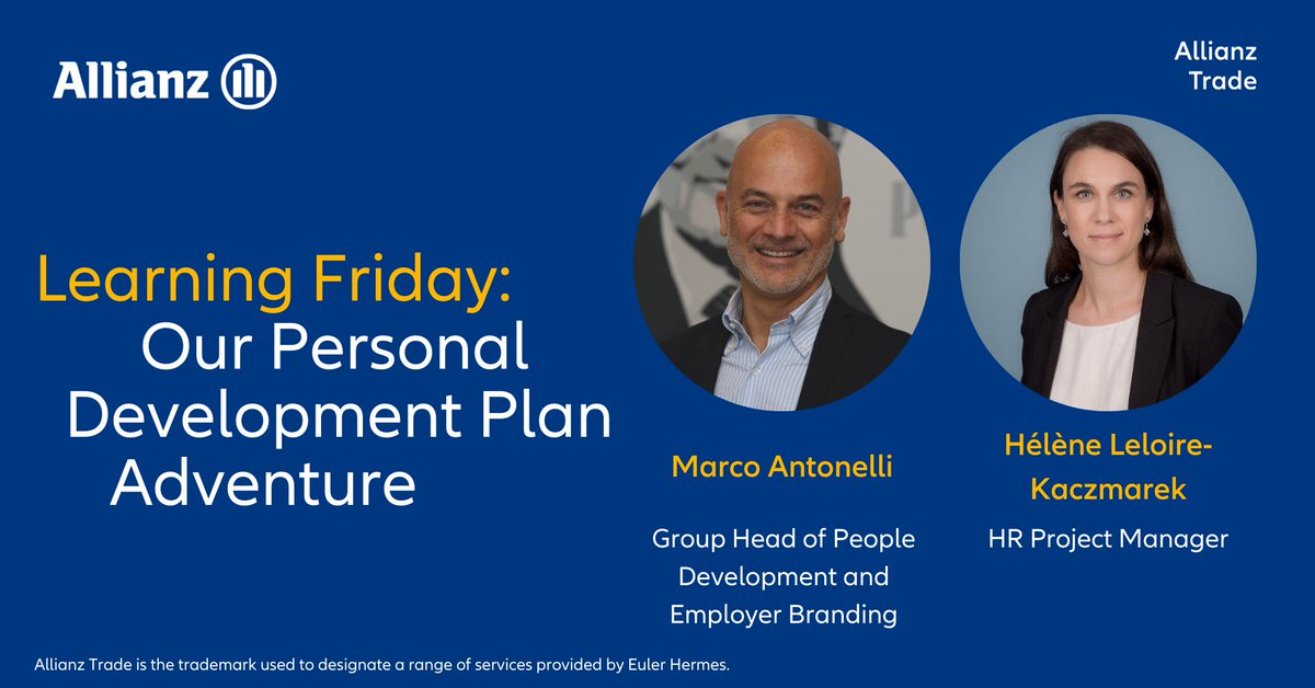 allianztrade's tweet photo. Never stop #learning – this is the rule we live by!📚💡 Thanks to our #LearningFriday speakers, Marco Antonelli and Helene Leloire-Kaczmarek, who presented the #PersonalDevelopmentPlan in more detail to our teams all around the globe.

Let’s keep learning!🎉 https://t.co/Hx9Zzxd5Pj