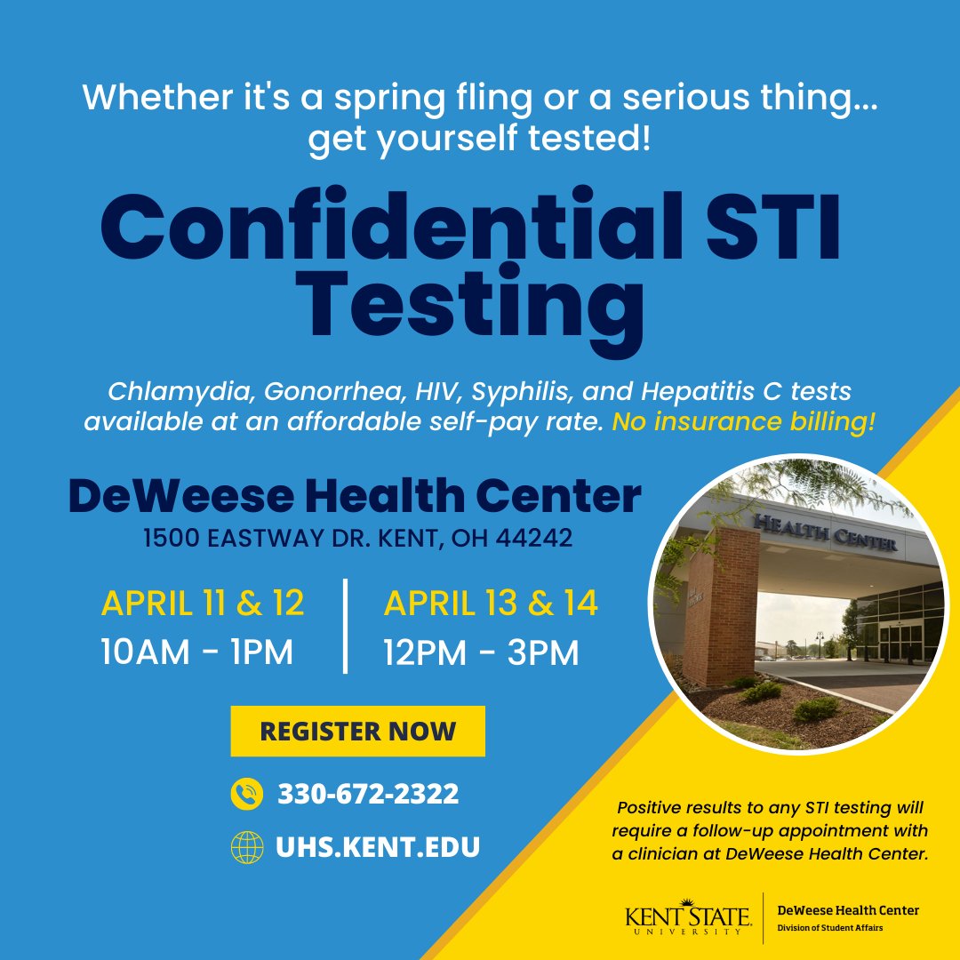 Welcome back, Flashes! Just a reminder that the health center will be offering four self-pay STI testing clinics NEXT WEEK! For more information, please visit kent.edu/deweese/events.