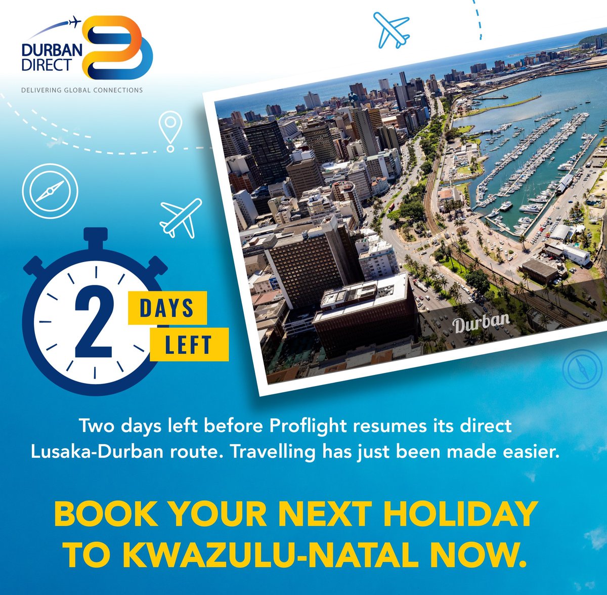 kingshakaint's tweet photo. 2 days left before Proflight Zambia resumes its direct Lusaka-Durban route. ✈️ Travelling has been made easier.
#Proflight #DurbanDirect #Routes #Travel #Airtravel https://t.co/s62pYS16xd