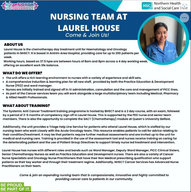 📢📢We are currently recruiting for Cancer Services Staff Nurse Band 5. For more details and to apply please visit jobs.hscni.net @NHSCTrust @KerryCampbell_ @Daniell44699795 ⬇️⬇️⬇️Why join us at Laurel House? ⬇️⬇️⬇️