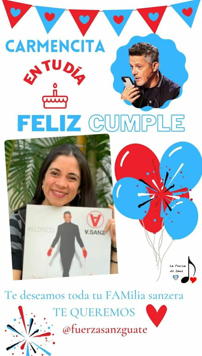 Hoy celebramos la vida de  @Carmenseyra 🎂🎁🎈

Carmen que sea un año lleno de amor, risas, salud, bendiciones y sueños cumplidos 🙏🏻🙌🏻💫 

Que la música de nuestro <a href="/AlejandroSanz/">Alejandro Sanz</a> siempre te despeine el alma 🎶❤️😍
Te esperamos Ale para festejar juntos 💌🥳

#FelizCumpleCarmen