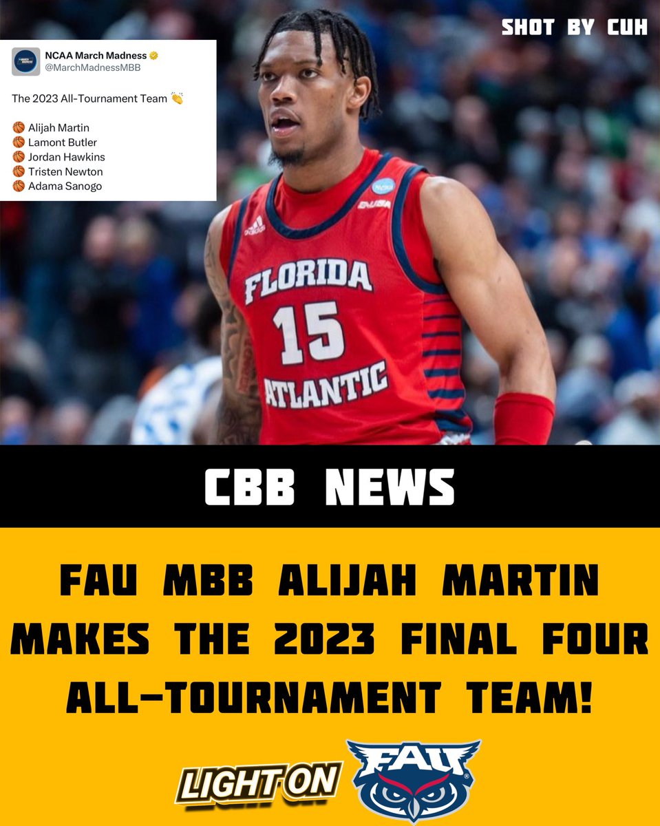 LIGHT ON COLLEGE SPORTS (@lightonsports) on Twitter photo FAU MBB Alijah Martin Makes The 2023 Final Four All-Tournament Team! 🦉🔥 <a href="/martin_alijah/">alijah.martin</a> <a href="/FAUMBB/">Florida Atlantic Men's Basketball</a>
H/T: <a href="/MarchMadnessMBB/">NCAA March Madness</a>
📸: Shot By Cuh FAU MBB Alijah Martin Makes The 2023 Final Four All-Tournament Team! 🦉🔥 <a href="/martin_alijah/">alijah.martin</a> <a href="/FAUMBB/">Florida Atlantic Men's Basketball</a>
H/T: <a href="/MarchMadnessMBB/">NCAA March Madness</a>
📸: Shot By Cuh