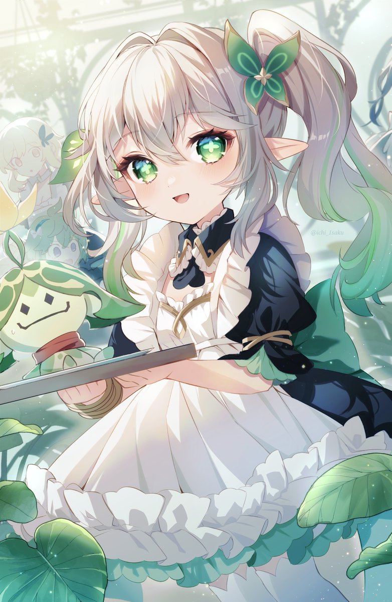 nahida (genshin impact) green eyes multiple girls pointy ears alternate costume enmaided maid side ponytail  illustration images
