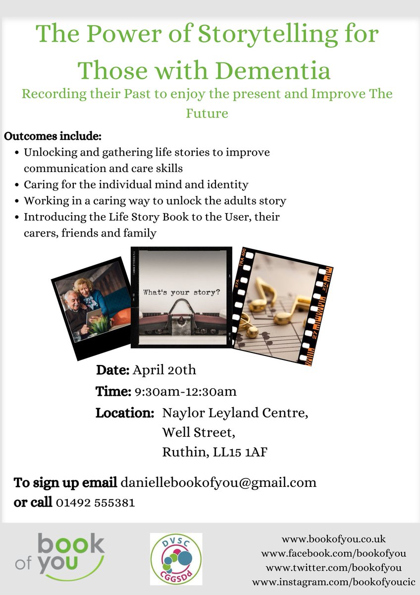 There are still places on our #free #course about the Power of Storytelling for those with #dementia taking place 20th April at @DVSC_Wales - sign up here eventbrite.com/e/567883824807 #dementiafriendlyruthin #dementiaawaredenbighshire #pleaseshare