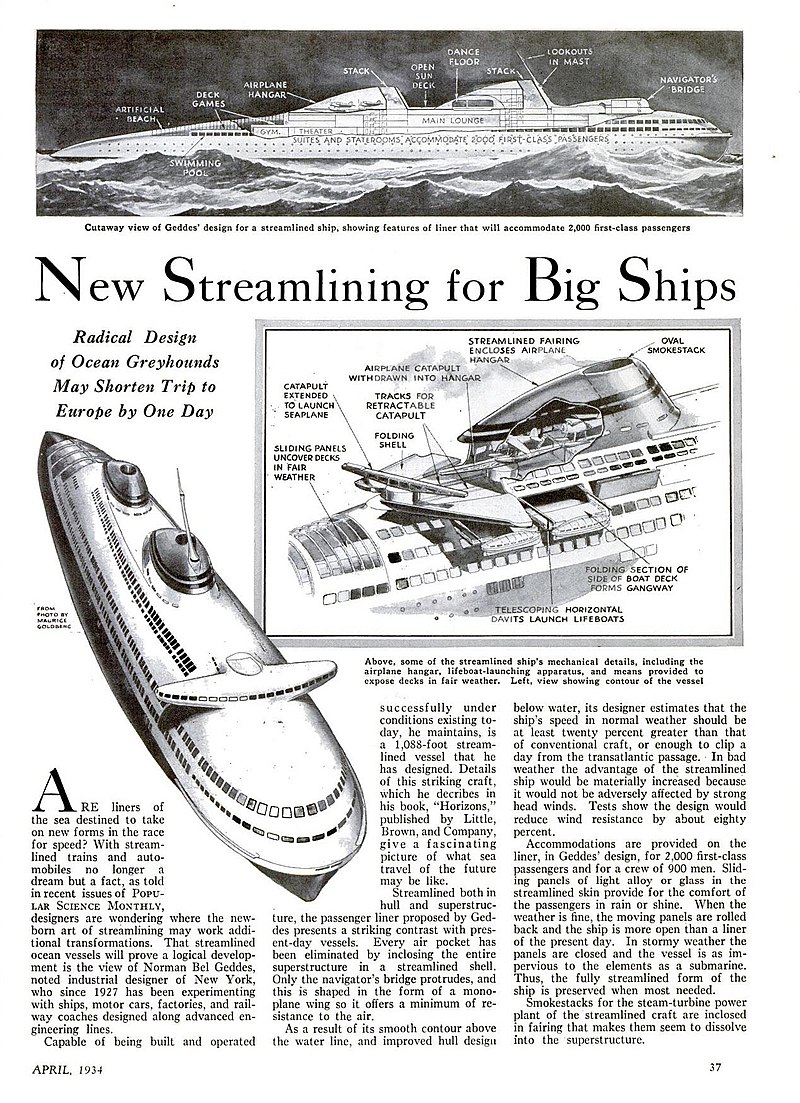 Bel Geddes also designed huge aeroplanes and ocean liners, all in his trademark streamlined design, 