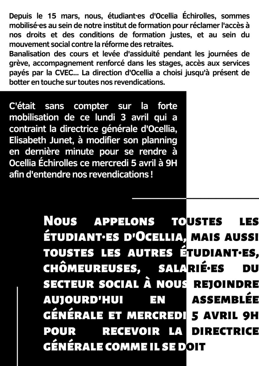 [Travail social et mobilisation à l'école Ocelia]

Le travail social est dans la lutte, les rdv des prochains jours :