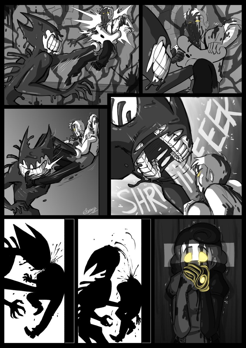 Elwensa's tweet photo. In April 2021, I started a short #BATDR comic.
It was about Henry dying to protect Audrey, only to come back from the Ink. It would've ended with a shocked Audrey telling Henry to never do that again.
I'll probably never finish it but might as well post the beginning! ^^' https://t.co/jMfedOm89r
