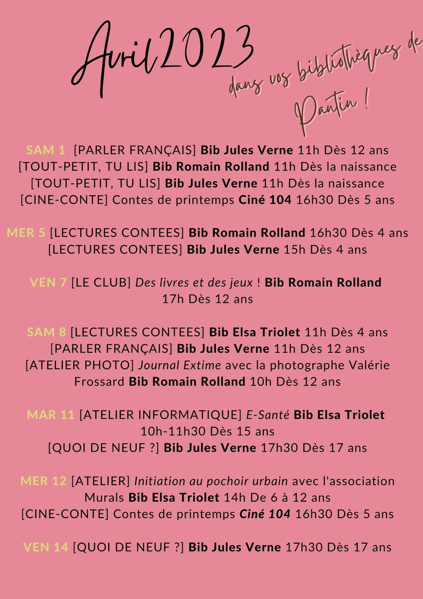 PantinBibs's tweet photo. En avril, viens découvrir le fil.. de nos idées : les #bibliothèques  de #Pantin ont un programme chargé !

Récap' visuel ici et + de détails sur : https://t.co/LFHMZ29dbN
à très vite 🧶📚🌸 https://t.co/dFlxBuaE3Z