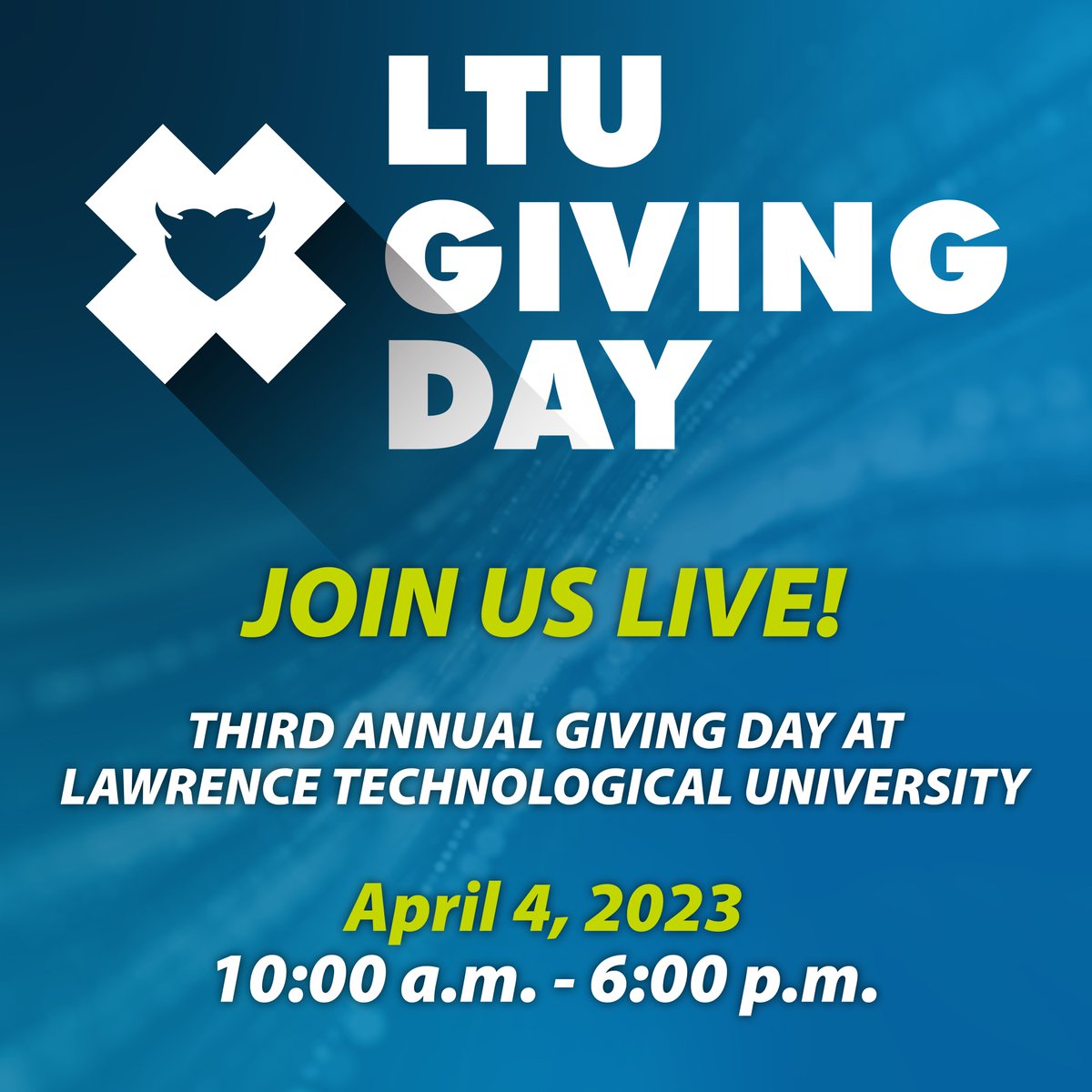 Join us at 10 a.m. today for live coverage of Lawrence Technological University's third annual Giving Day! 💙🤍

YouTube 🔗: bit.ly/4310H0M   
Facebook 🔗: bit.ly/3nFAN2y 

Let's make the day a big deal for our students! 

#WeAreLTU #LTUGive