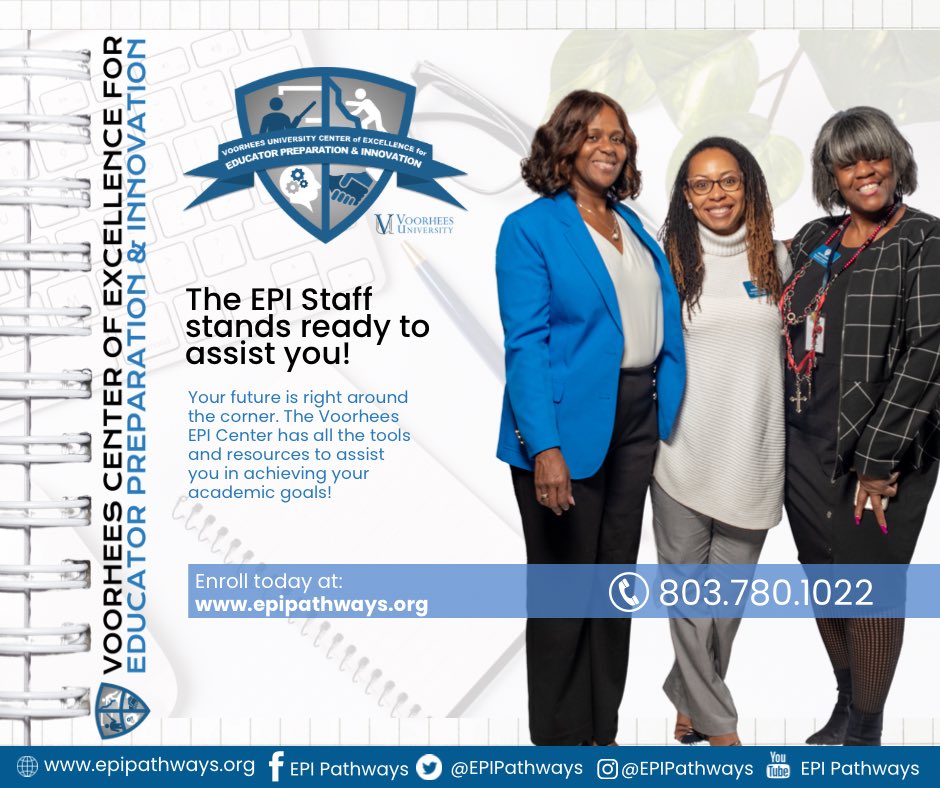 The EPI Staff stands ready to assist you! 

Your future is right around the corner. ✨@TheVoorheesU EPI Center has all the tools and resources to assist you in achieving your academic goals! 📖🖇

Enroll today at: epipathways.org!