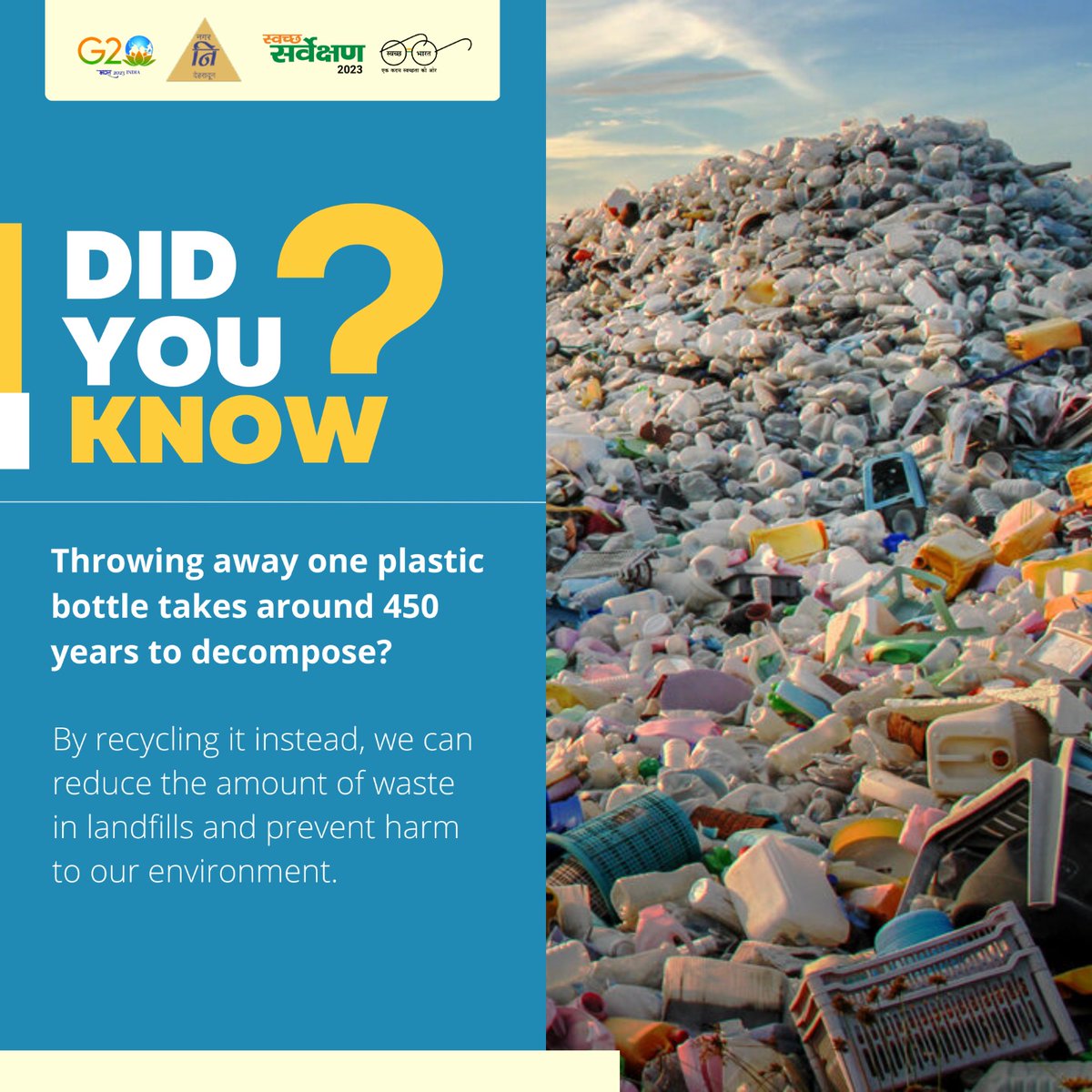 DdnNagarnigam's tweet photo. Did you know that throwing away one #plastic bottle takes around 450 years to #decompose? By #recycling it instead, we can reduce the amount of waste in landfills and prevent harm to our #environment. Let's all make a commitment to #recycle and #protect our planet! 🌍🌿 https://t.co/gM3AOQDvuy
