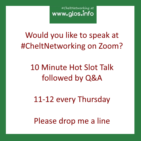glosinfo's tweet photo. SPEAKER REQUEST: We are now booking speakers for the end of May and into June for #CheltNetworking https://t.co/ddXidwhqwn. Would you like to spread news of your business and talk about something interesting for the 10 Minute Hot Slot? Just drop me a line to office@glos.info https://t.co/NY9h0mCzL0